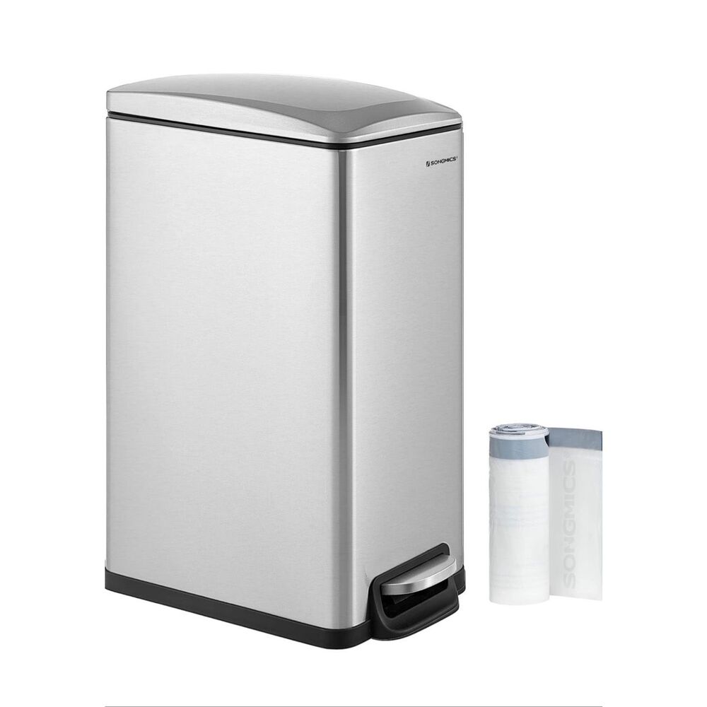 NWT SONGMICS Slim Trash Can Silver 12L Pedal Bin